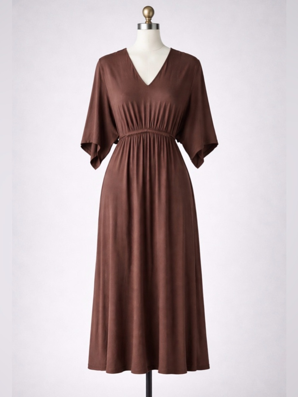 Soma Midi Bra Dress L Brown V Neck Dolman Sleeve Tie Waist Stretch NWT